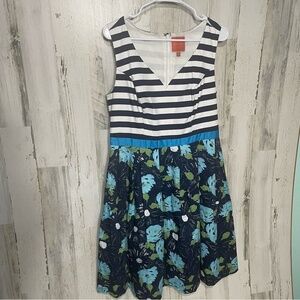 Modcloth Retro Nautical Striped Lilypad Print A-Line‎ Dress Size Large Pockets